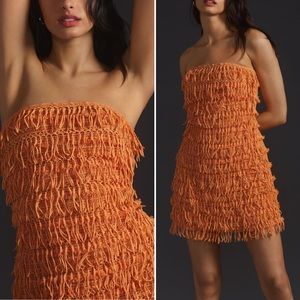 Anthropologie Let Me Be Fringed Orange Strapless Mini Tube Dress